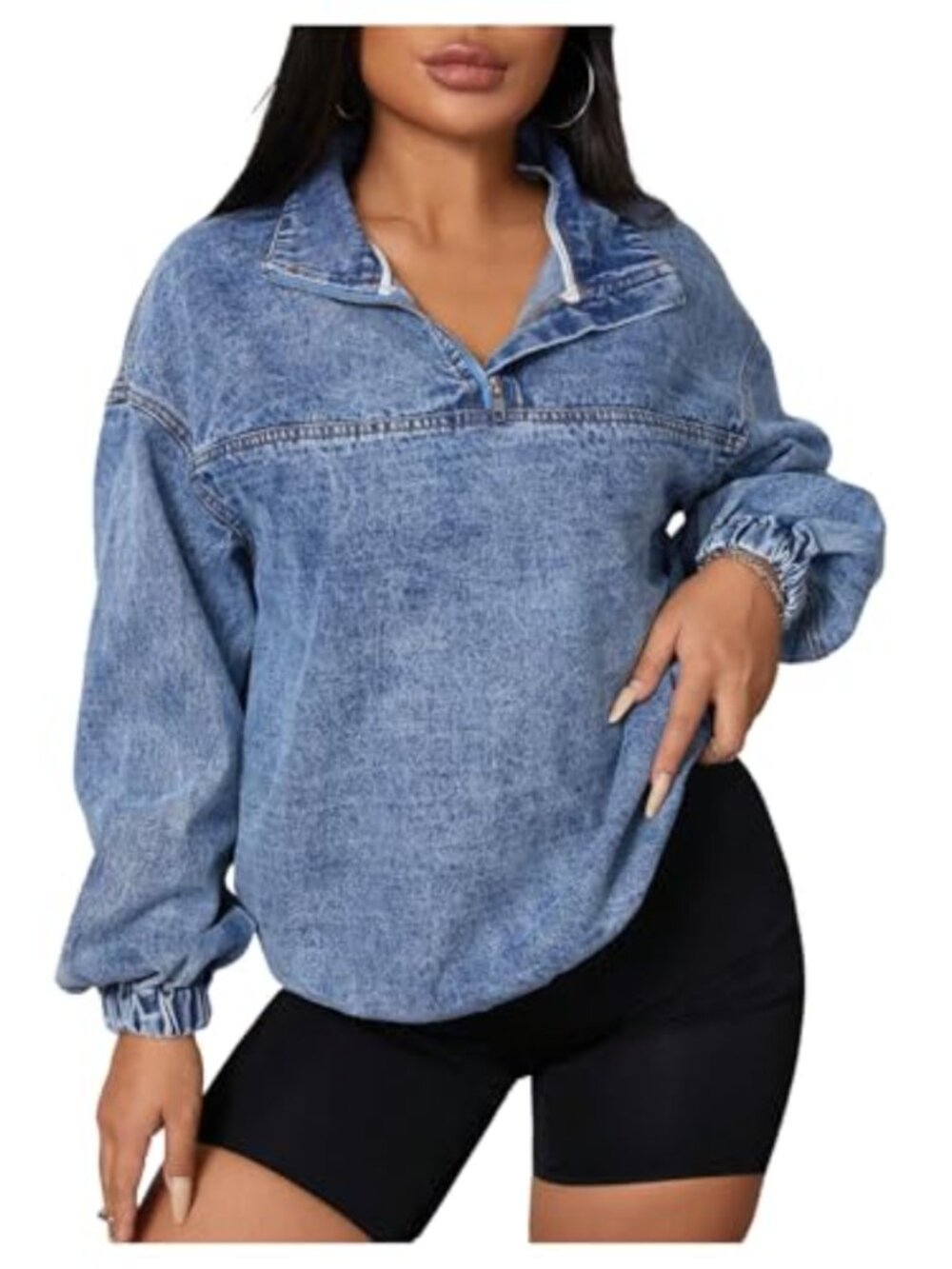 Quarter Zip Denim Sweatshirt Collared Long Sleeve Loose Pullover